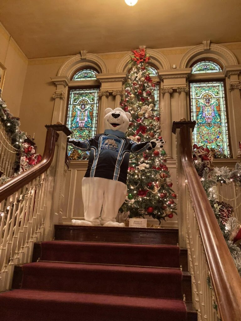 Arctic Bear mascot posing in front of decorated tree